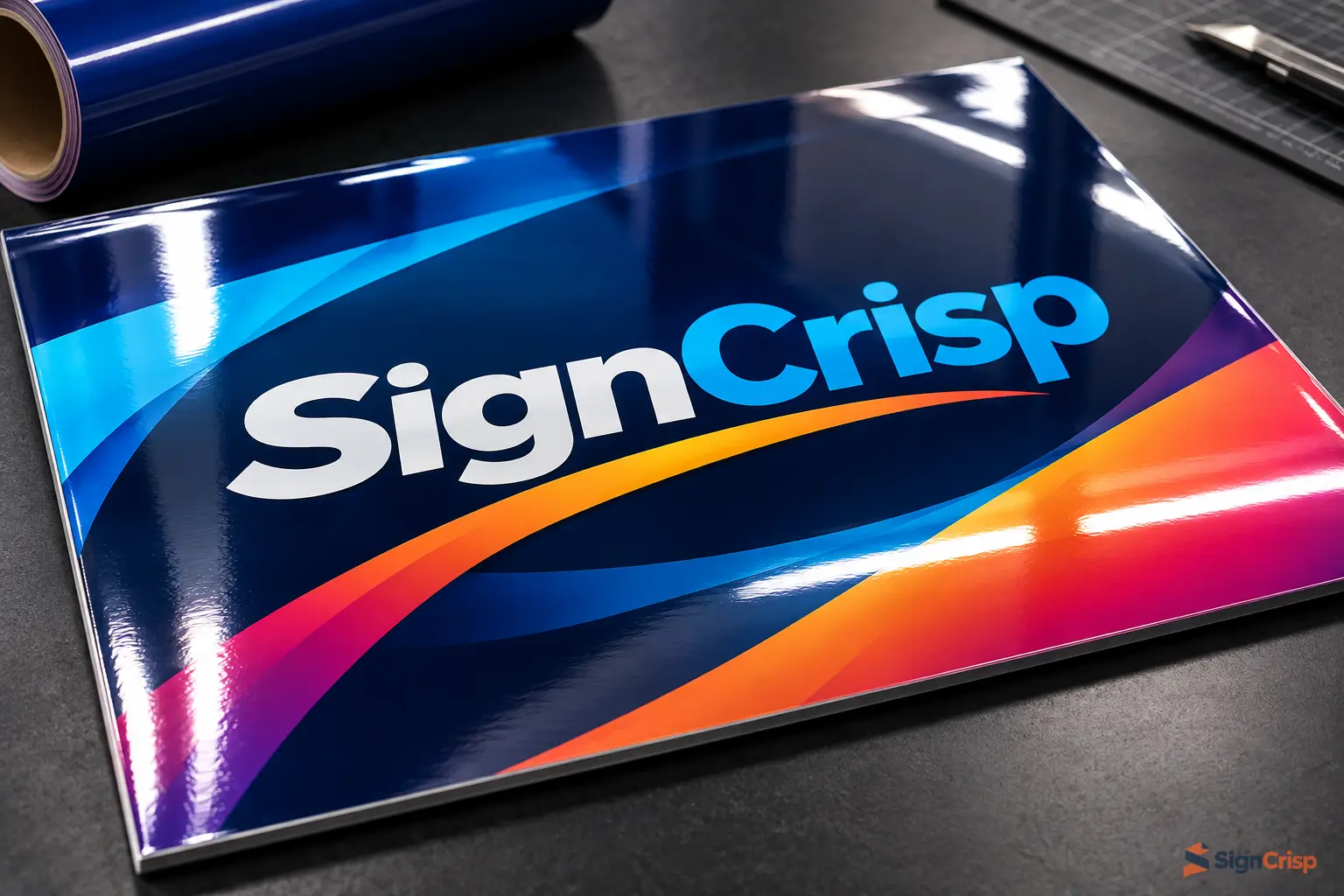 High-gloss mirror finish overlaminate enhancing color saturation on SignCrisp vinyl sticker
