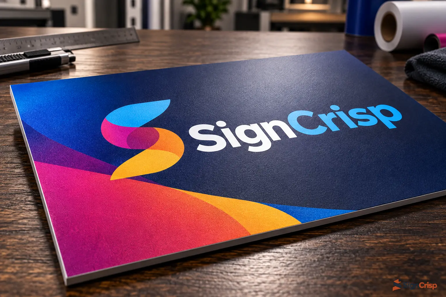 Anti-glare matte overlaminate finish on SignCrisp printed vinyl under overhead lighting