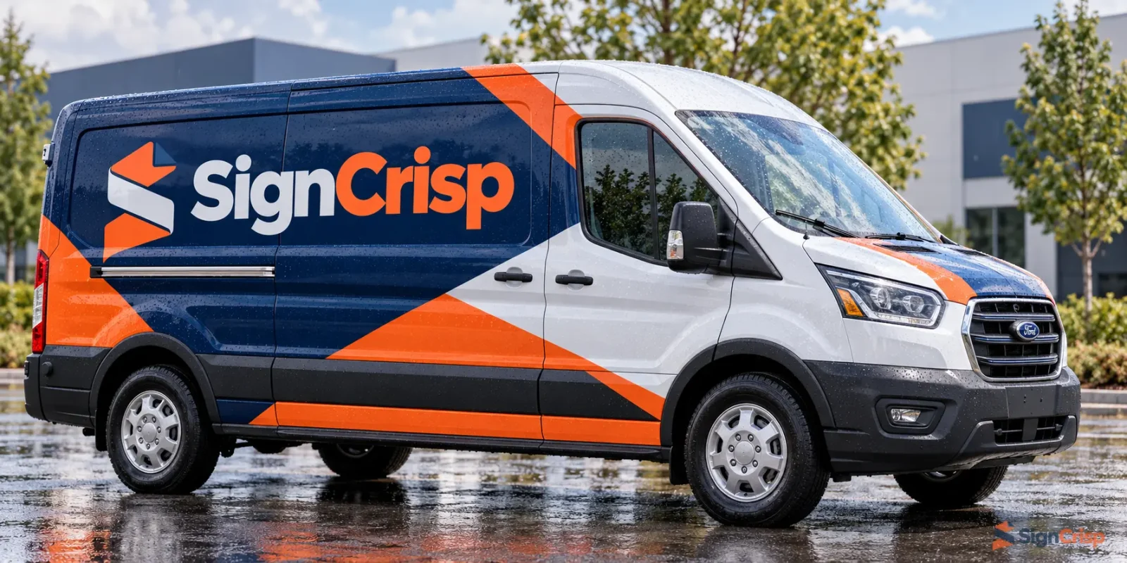 SignCrisp custom outdoor vehicle decal applied on curved car door panel with weather resistance