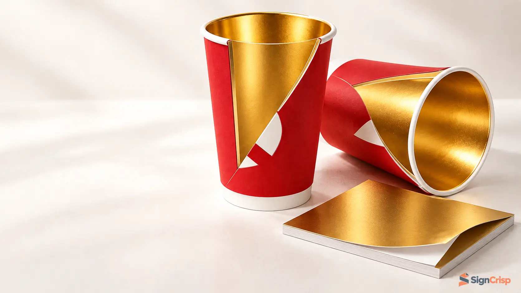 Custom metallic gold paper cups with a gold foil-laminated cupstock sample.