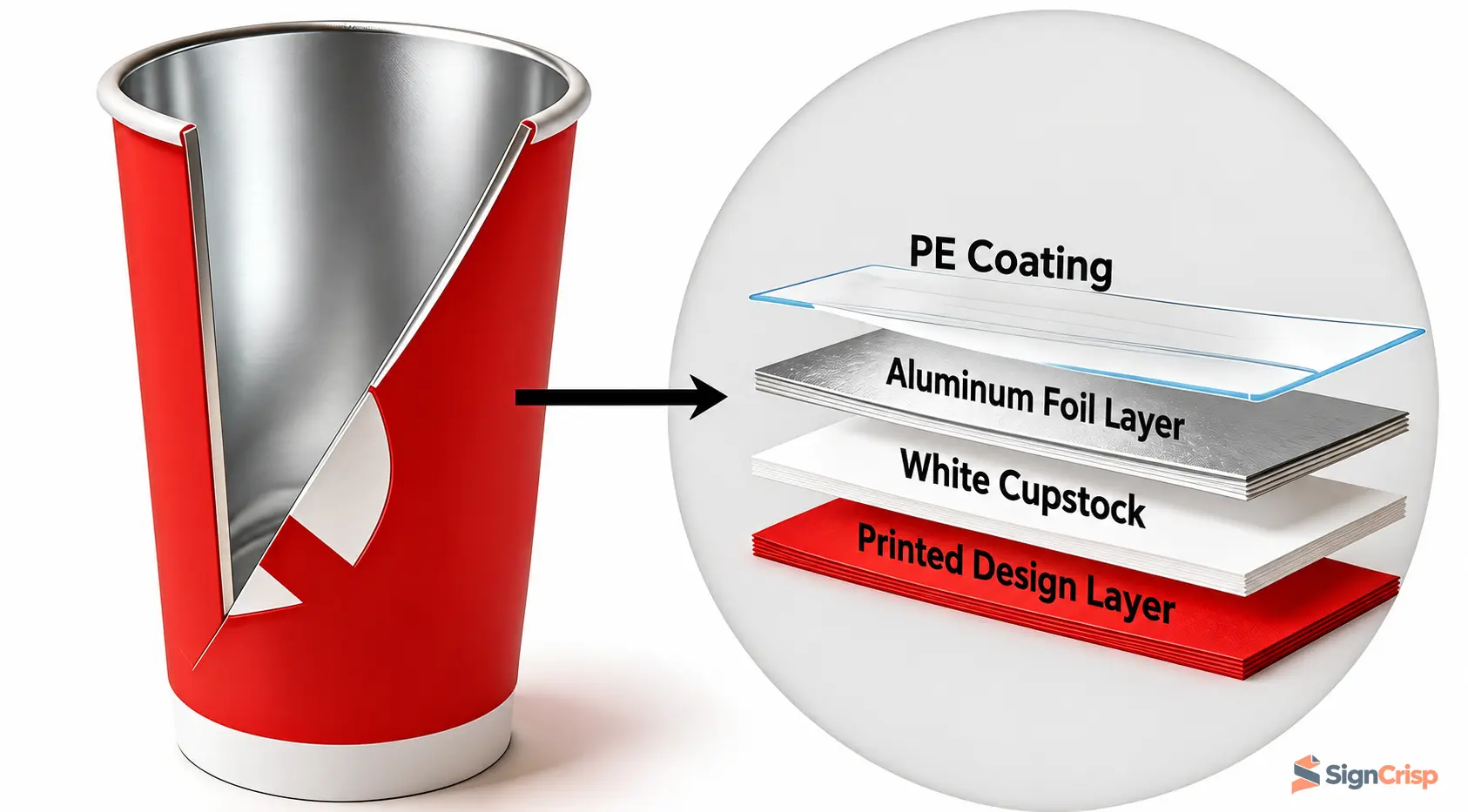 Aluminum-foil-laminated paper cup cross-section with English layer labels.