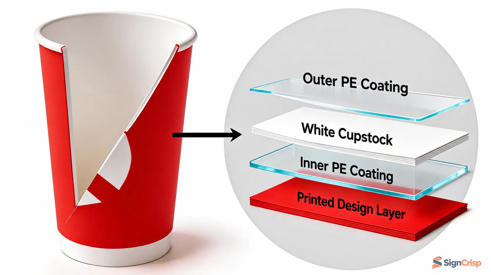 Double PE-coated paper cup cross-section with English layer labels.