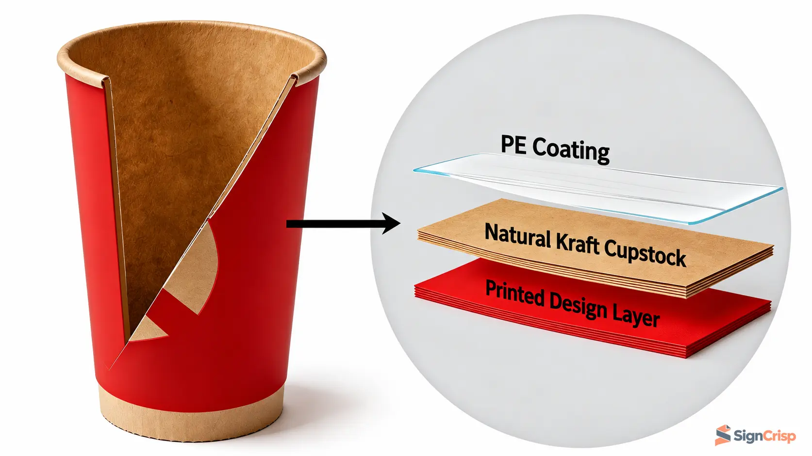 Natural kraft paper cup cross-section with English layer labels.
